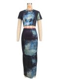 Print Crop Tops And Long Skirts Two Piece Set GZYF-8221