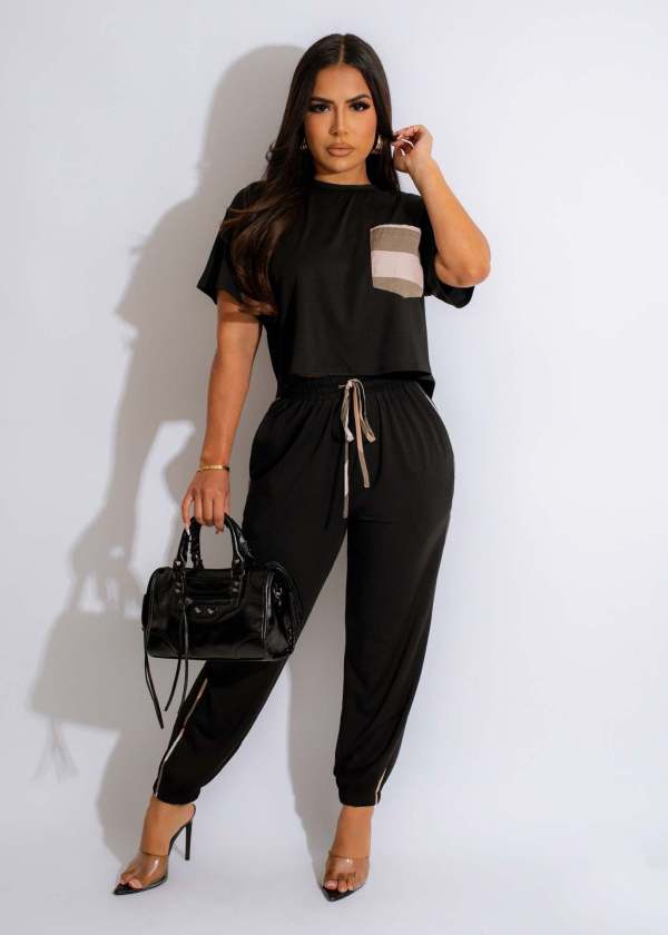 Casual Pocket Patchwork Two Piece Pants Set JRF-3742