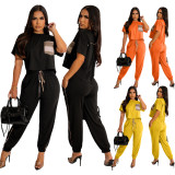 Casual Pocket Patchwork Two Piece Pants Set JRF-3742