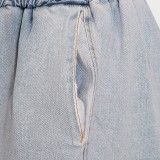 Plus Size Fashion Denim Tube Tops Two Piece Pants Set YMEF-5315