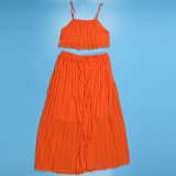 Solid Color Sling Pleated Two Piece Skirts Set  NY-2753