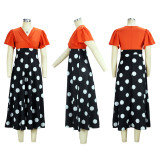 Polka Dot Print V Neck Midi Dress XHSY-19588