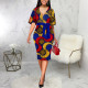 Print Short Sleeve V Neck Midi Dress SMR-12008