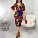 Print Short Sleeve V Neck Midi Dress SMR-12008