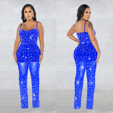 Sexy Mesh Hot Diamonds Sling Jumpsuit BY-6556