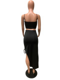 Solid Color Sleeveless Tops And Slit Skirts Two Piece Set QZX-6283