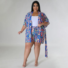 Plus Size Casual Print Tie Up Two Piece Shorts Set NNWF-7889