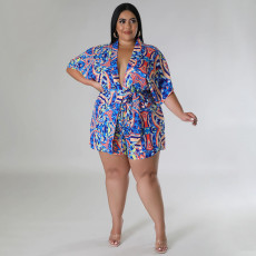 Plus Size Casual Print Tie Up Two Piece Shorts Set NNWF-7889