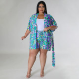 Plus Size Casual Print Tie Up Two Piece Shorts Set NNWF-7889