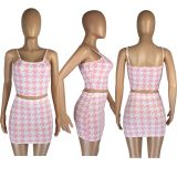 Houndstooth Print Tank Tops And Skirts 2 Piece Set LM-8371