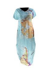 Plus Size Map Print Short Sleeve Slit Maxi Dress NYMF-098