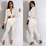 Long Sleeve Mesh Hot Drill Two Piece Pants Set BY-6549