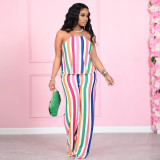 Plus Size Colorful Stripe Halter Loose Two Piece Pants Set XMF-MY302