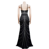 Sexy Hot Drilling Backless Sling Maxi Dress BY-6388