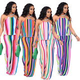 Plus Size Colorful Stripe Halter Loose Two Piece Pants Set XMF-MY302