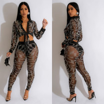 Long Sleeve Mesh Hot Drill Two Piece Pants Set BY-6549