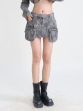 Fashion Camouflage Patchwork Big Pockets Denim Skirt ZSD-0610