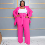 Plus Size Casual Solid Long Sleeve Tie Up Two Piece Pants Set NNWF-7904