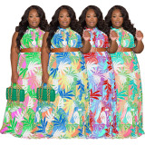 Plus Size Sleeveless Print Big Swing Maxi Dress(Without Waist Belt) NNWF-7807