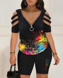 Plus Size Fashion Print Zipper Two Piece Shorts Set LS-0399
