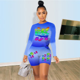 Plus Size Lips Print Gradient Sport Two Piece Shorts Set QXTF-0005