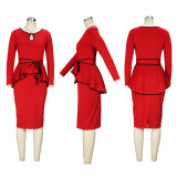 Long Sleeve Irregular Ruffle Tops And Slit Skirt 2 Piece Set XHSY-19587