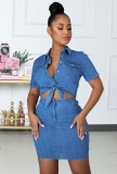 Denim Single Breasted Hollow Out Mini Dress LX-3546