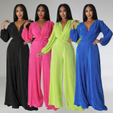 Solid Color V Neck Long Sleeve Pleated Jumpsuit MIL-L504