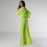 Solid Color V Neck Long Sleeve Pleated Jumpsuit MIL-L504