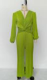 Solid Color V Neck Long Sleeve Pleated Jumpsuit MIL-L504