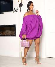 Solid Bat Long Sleeve One Shoulder Lantern DressXMY-X9445