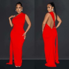 Solid Color Backless Pleated Irregular Dress BY-6607