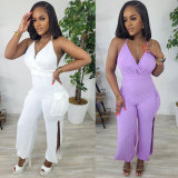 Plus Size Sexy Halter Hollow Out Tight Slit Jumpsuit NY-10542