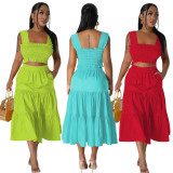 Fashion Solid Color Sleeveless Big Swing Skirt 2 Piece Set YD-8764