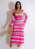 Color Block Long Sleeve Knit Maxi Dress OSM-4403