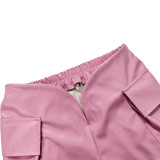 Solid Color Pocket PU Leather Short MUE-M7951