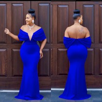 Off Shoulder Deep V Backless Fishtail Dress BY-6587