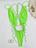 Solid Color Sexy Cross Tie Up One Piece Swimsuit CASF-6588
