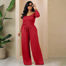 Solid Color Knit Tie Up Loose Two Piece Pants Set YIM-358