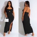 Solid Wrap Chest Backless Slit Maxi Dress BY-6598