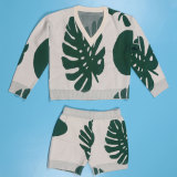 Leaf Print V-neck Long Sleeve Sweater Two Piece Shorts Set NY-098