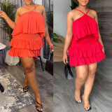 Plus Size Solid Color Sexy Sling Ruffles Two Piece Skirt Set NY-K2808
