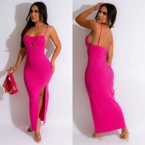 Solid Wrap Chest Backless Slit Maxi Dress BY-6598