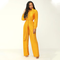 Solid Pleated Long Sleeve Two Piece Pants Set(With Waist Belt) MIL-L514
