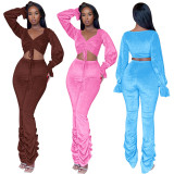 Sexy Long Sleeve Drawstring Pleated 2 Piece Pants Set YD-8767