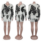Leaf Print V-neck Long Sleeve Sweater Two Piece Shorts Set NY-098