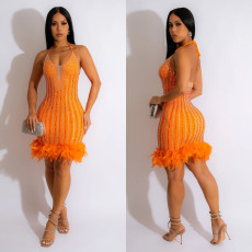 Solid Hot Diamond Feather Splicing Mini Dress BY-6609