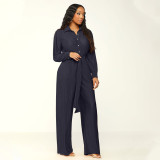 Solid Pleated Long Sleeve Two Piece Pants Set(With Waist Belt) MIL-L514