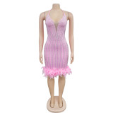 Solid Hot Diamond Feather Splicing Mini Dress BY-6609