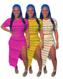 Colorful Stripe Knit Slit Skirts Two Piece Set QXTF-8209